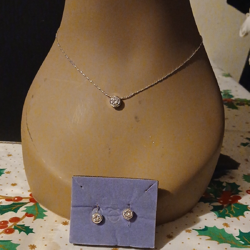 Bezel Set Cz Two Piece Set  Silver Necklace and Earring